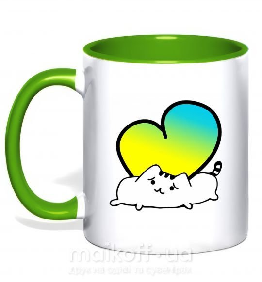 Чашка з кольоровою ручкою Кот любит Украину Зелений фото