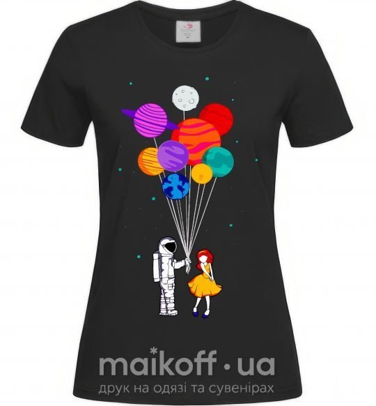 Женская футболка Космонавт с шариками Черный фото
