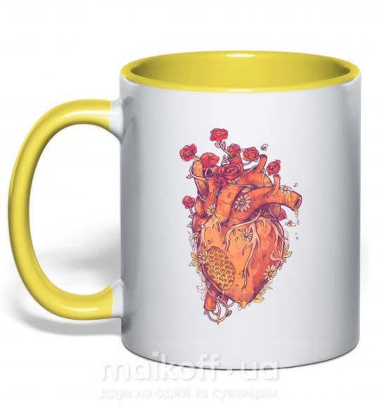 Чашка с цветной ручкой Сердце цветы Солнечно желтый фото