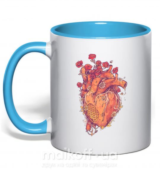 Чашка с цветной ручкой Сердце цветы Голубой фото