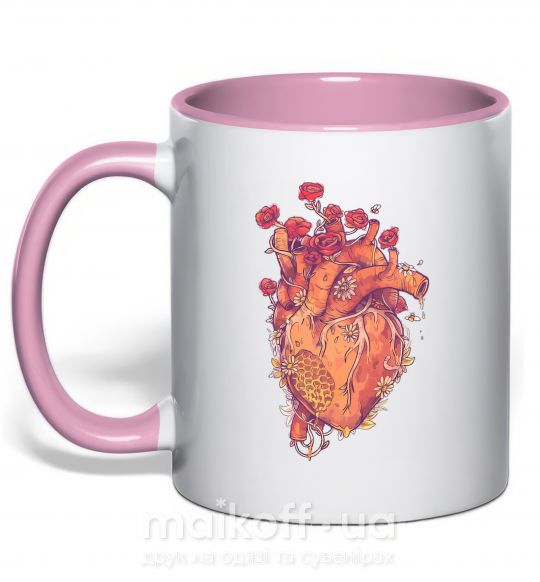 Чашка с цветной ручкой Сердце цветы Нежно розовый фото