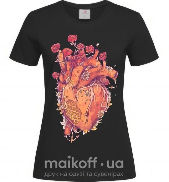 Женская футболка Сердце цветы Черный фото