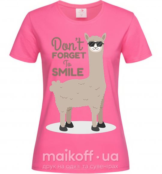 Жіноча футболка Don't forget to smile llama Яскраво-рожевий фото