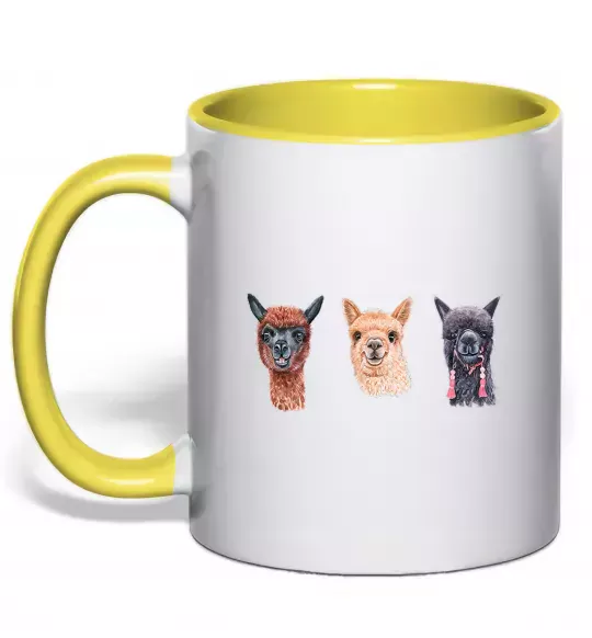 Чашка з кольоровою ручкою Три лами Сонячно жовтий фото