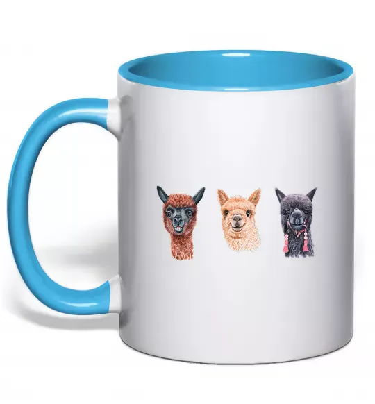 Чашка з кольоровою ручкою Три лами Блакитний фото