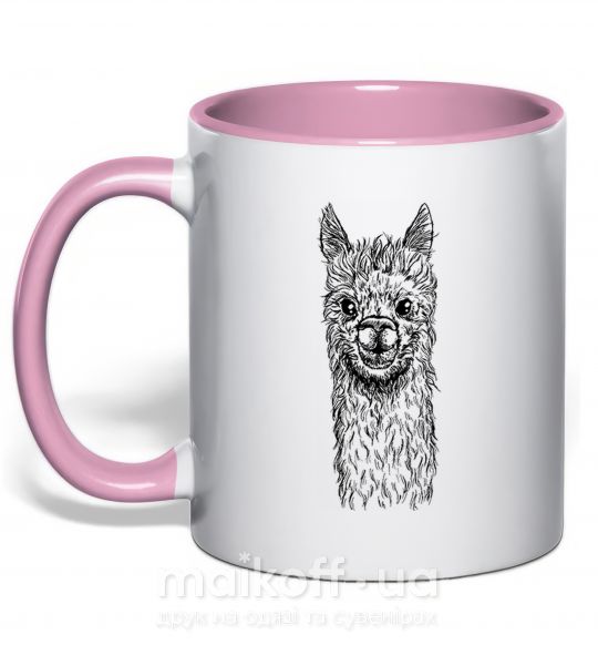 Чашка з кольоровою ручкою Голова и шея ламы Ніжно рожевий фото