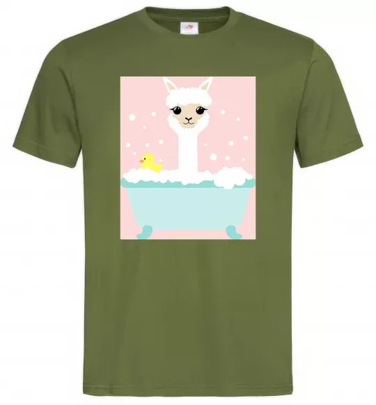 Мужская футболка Лама у ванній Оливковый фото