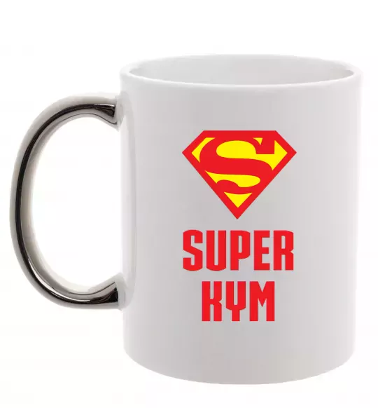 Чашка з кольоровою ручкою Супер кум Срібло фото