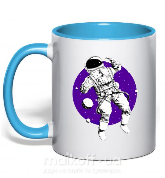 Чашка з кольоровою ручкою Космонавт в круглом космосе Блакитний фото