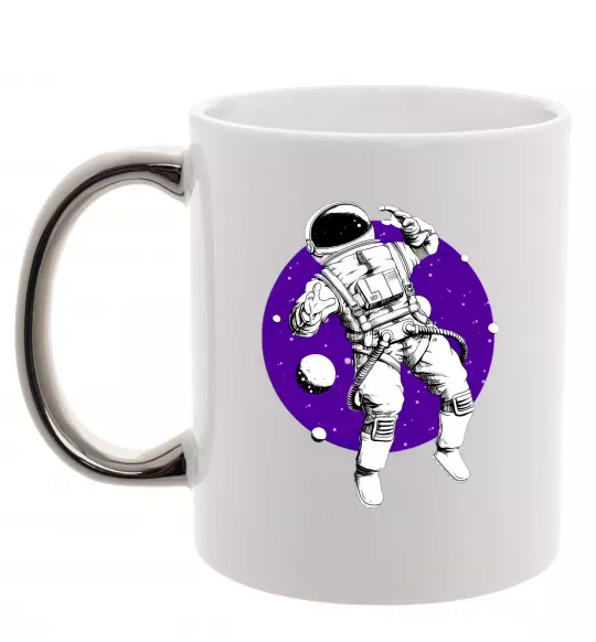 Чашка с цветной ручкой Космонавт в круглом космосе Серебро фото