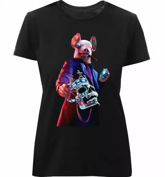 Женская премиум футболка Watch dogs свин Черный фото