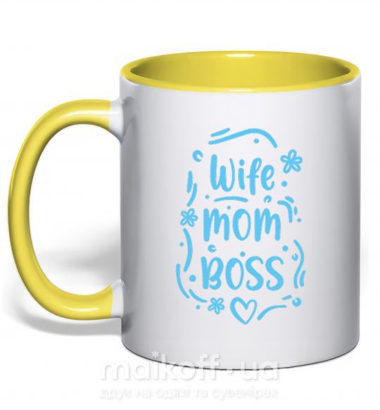 Чашка з кольоровою ручкою Wife mom boss Сонячно жовтий фото