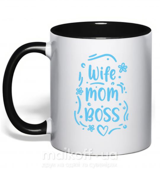 Чашка с цветной ручкой Wife mom boss Черный фото