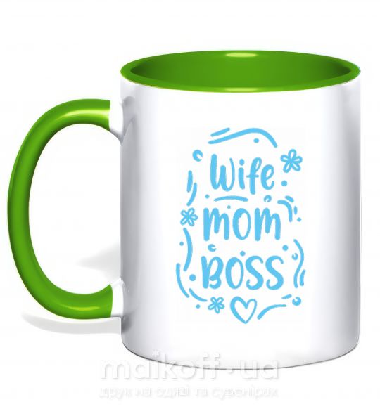 Чашка з кольоровою ручкою Wife mom boss Зелений фото