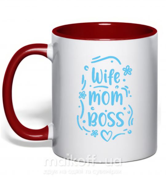 Чашка з кольоровою ручкою Wife mom boss Червоний фото