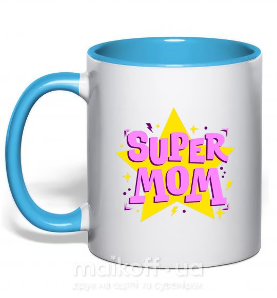 Чашка с цветной ручкой SUPER MOM Голубой фото