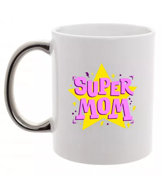 Чашка с цветной ручкой SUPER MOM Серебро фото