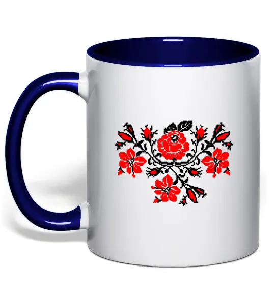 Чашка с цветной ручкой Квіти вишиванка чб Глубокий темно-синий фото