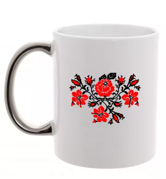 Чашка с цветной ручкой Квіти вишиванка чб Серебро фото