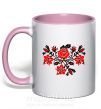 Чашка з кольоровою ручкою Квіти вишиванка чб Ніжно рожевий фото