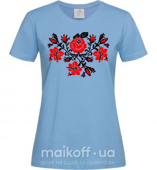 Женская футболка Квіти вишиванка чб Голубой фото