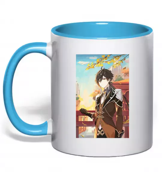 Чашка с цветной ручкой Genshion impact Zhongli Голубой фото