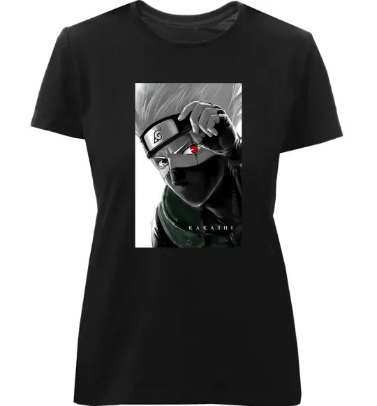 Женская премиум футболка Naruto Kakashi чб Черный фото