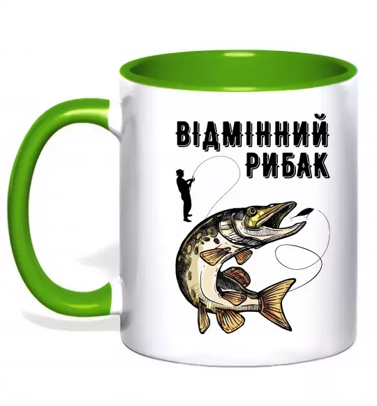 Чашка з кольоровою ручкою Відмінний рибак Зелений фото
