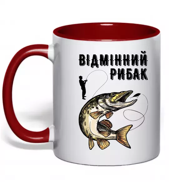 Чашка з кольоровою ручкою Відмінний рибак Червоний фото