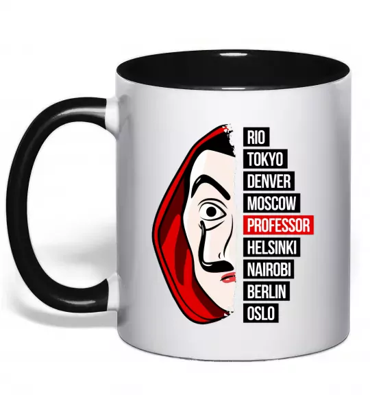 Чашка с цветной ручкой Паперовий дім професор Черный фото