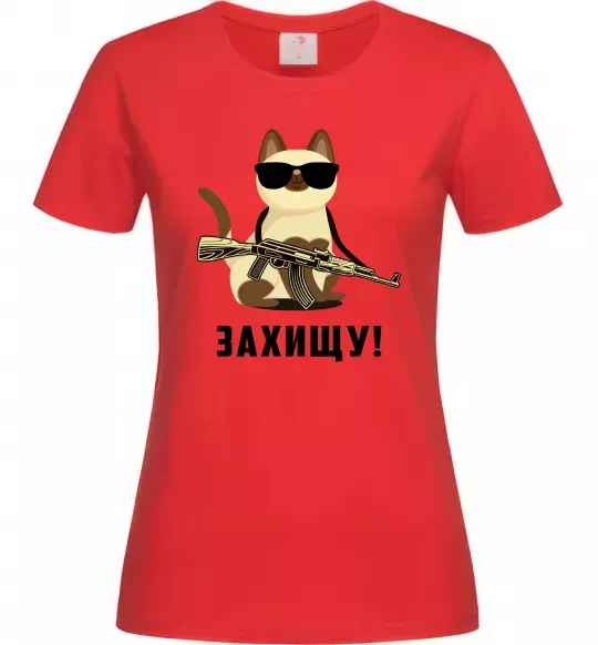 Жіноча футболка Захищу! кіт Червоний фото