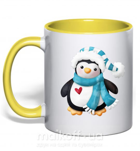Чашка с цветной ручкой Пингвин в шарфе Солнечно желтый фото