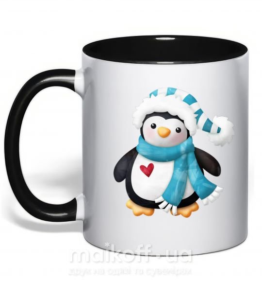 Чашка с цветной ручкой Пингвин в шарфе Черный фото