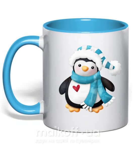 Чашка с цветной ручкой Пингвин в шарфе Голубой фото