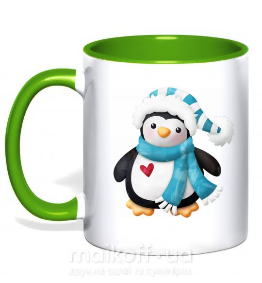 Чашка з кольоровою ручкою Пингвин в шарфе Зелений фото