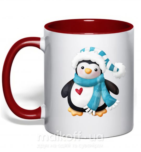 Чашка з кольоровою ручкою Пингвин в шарфе Червоний фото