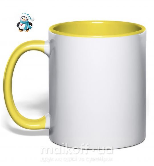 Чашка с цветной ручкой Пингвин в шарфе Солнечно желтый фото