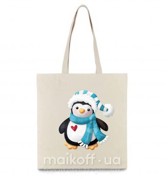 Еко-сумка Пингвин в шарфе Бежевий фото