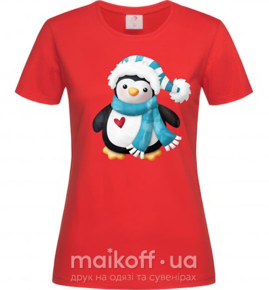 Женская футболка Пингвин в шарфе Красный фото