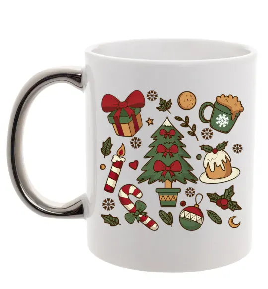 Чашка з кольоровою ручкою Новий рік набір Срібло фото