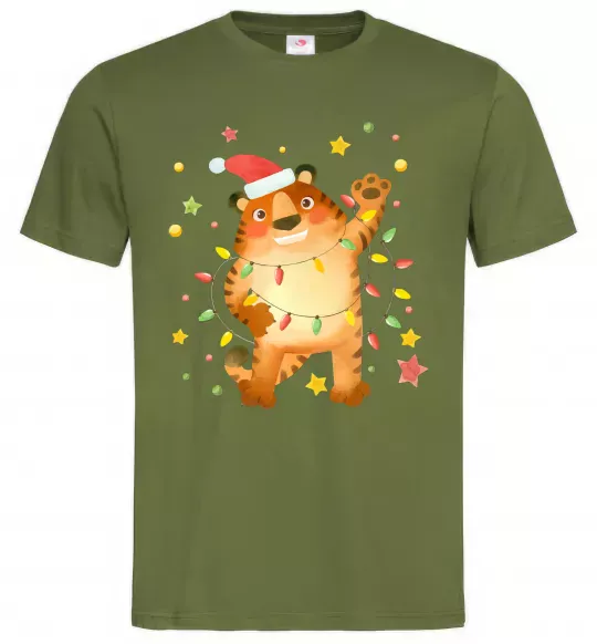 Мужская футболка Тигр в гірлянді Оливковый фото