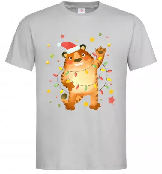 Мужская футболка Тигр в гірлянді Серый фото