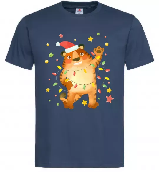 Мужская футболка Тигр в гірлянді Темно-синий фото