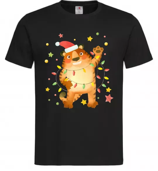 Мужская футболка Тигр в гірлянді Черный фото