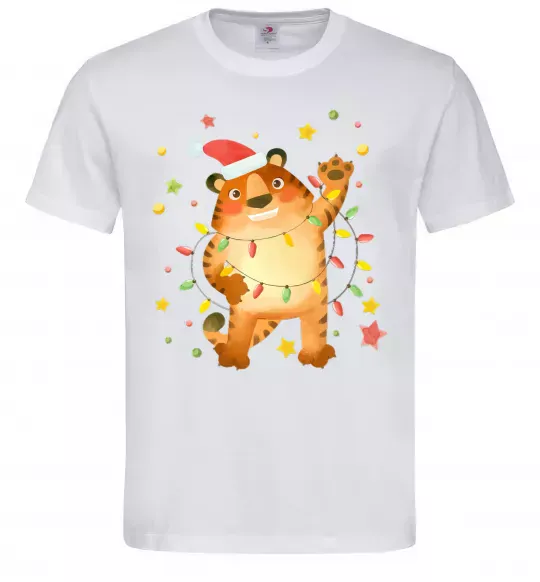 Мужская футболка Тигр в гірлянді Белый фото