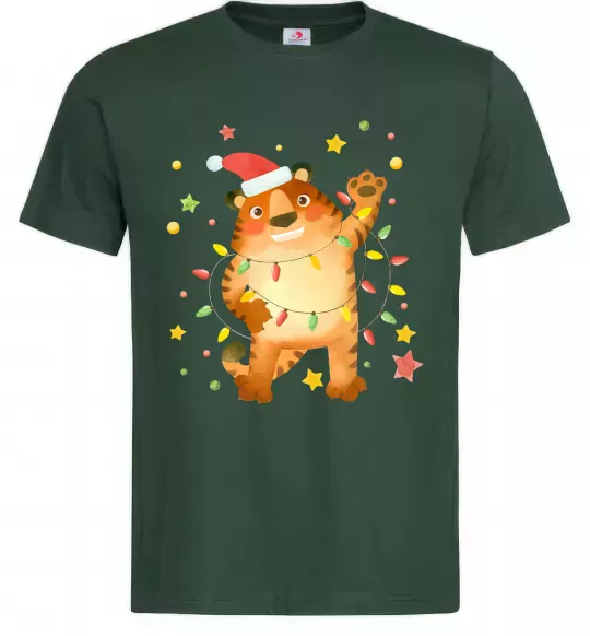 Мужская футболка Тигр в гірлянді Темно-зеленый фото