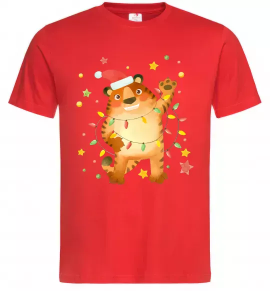 Мужская футболка Тигр в гірлянді Красный фото