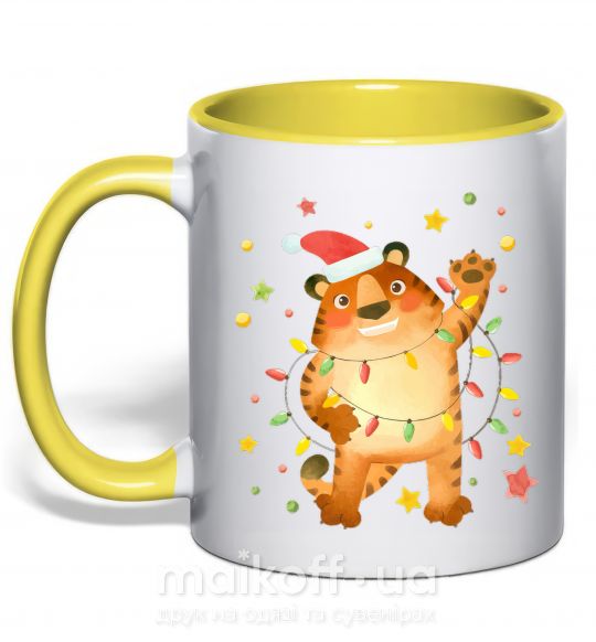 Чашка з кольоровою ручкою Тигр в гирлянде Сонячно жовтий фото