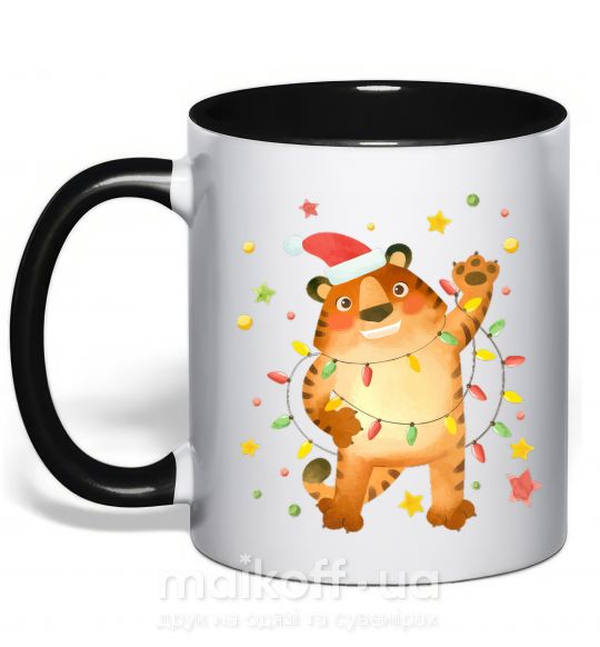 Чашка с цветной ручкой Тигр в гирлянде Черный фото