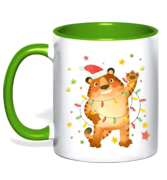 Чашка з кольоровою ручкою Тигр в гірлянді Лаймовий фото